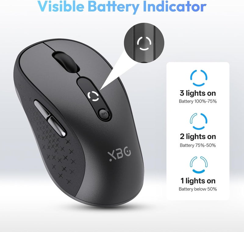 XBG B15 Tri-Mode Wireless Mouse, Bluetooth 5.0/4.0 & 2.4G, 5 Adjustable DPI, Type-C Rechargeable with 3-Level Battery Indicator, Ergonomic Silent Design for Office/Laptop/Travel - Image 3